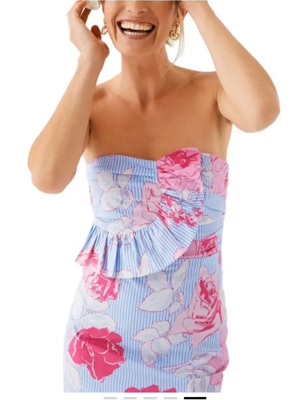 Vineyard Vines Pink & Light Blue Floral Strapless Ruffled Dress